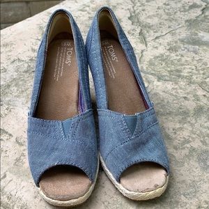 Toms Blue Denim Open Toe Cork Wedge Espadrille